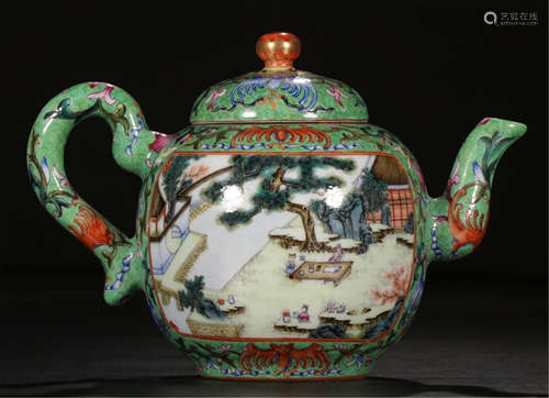 A CHINESE PORCELAIN FAMILLE ROSE GOLD PAINTED FIGURE AND STORY TEA POT