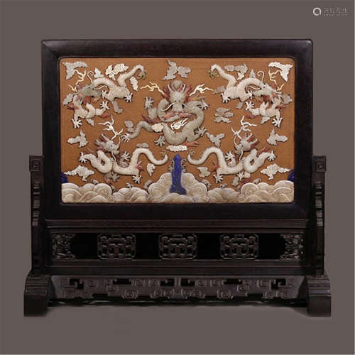 A CHINESE CARVED ZATAN GEM STONE INLAID TABLE SCREEN