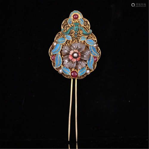 A CHINESE GILT SILVER KINGFISHER FEATHER DECOR HAIR PIN