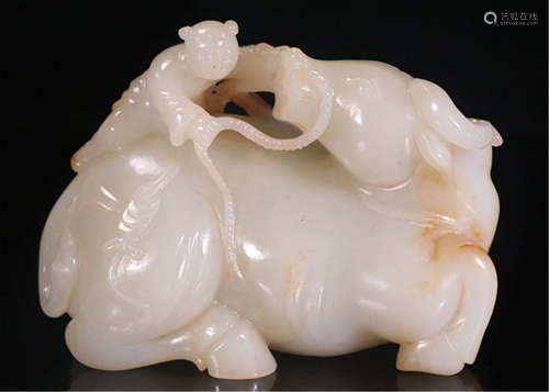 A CHINESE CARVED JADE BOY ON OX TABLE ITEM