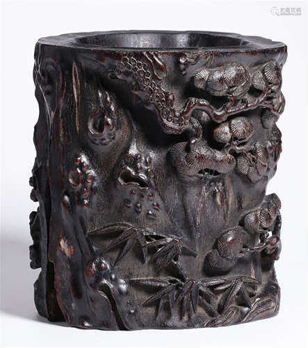 A CHINESE CARVED PINE ZITAN BRUSH POT