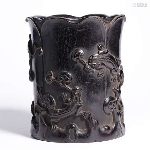 A CHINESE CARVED DRAGON ZITAN BRUSH POT