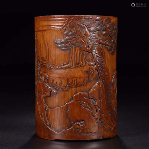 A CHINESE CARVED BAMBOO MAN UNDER TREE BRUSH POT