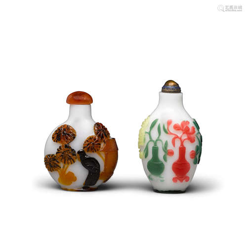 Late 19th/20th century Two overlay decorated glass snuff bottles