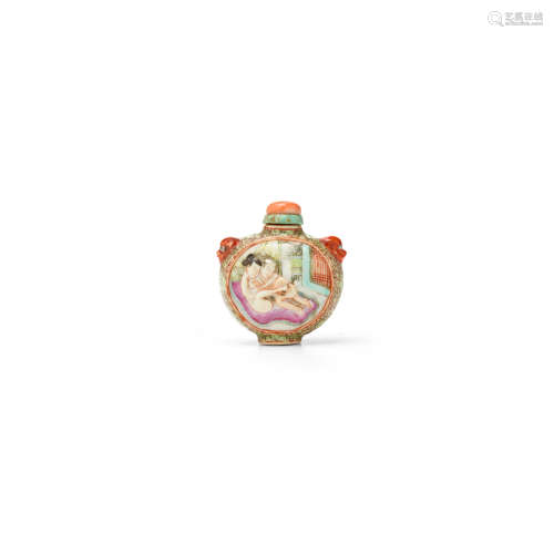 19th/20th century A MOLDED FAMILLE ROSE 'EROTIC' SNUFF BOTTLE
