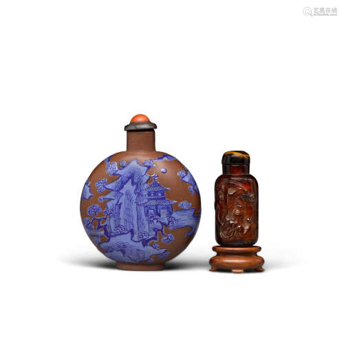 Amber bottle: 19th/early 20th century Two snuff bottles