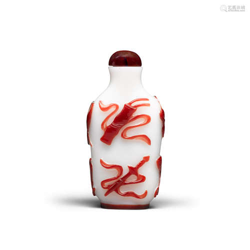 19th century A red overlay milky -white 'babao' snuff bottle