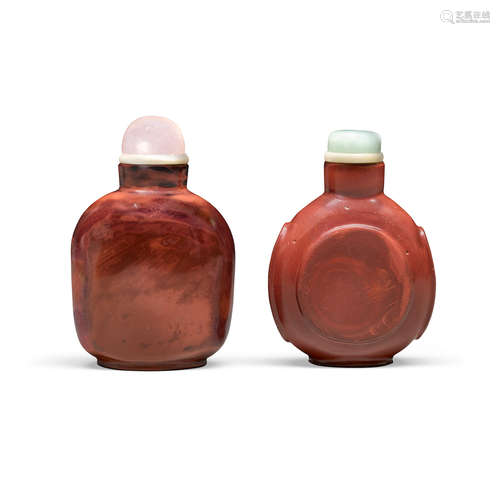 Late 19th century Two 'jasper' glass snuff bottles