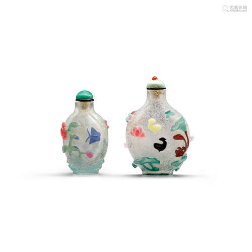 19th century Two multi-color overlay decorated glass snuff bottles