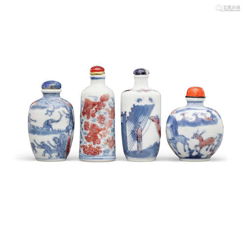 19th century and later Four underglaze blue and copper-red decorated porcelain snuff bottles