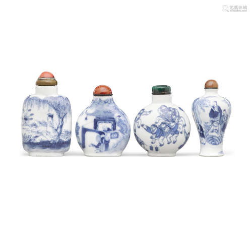 Late 19th/20th century Four blue and white porcelain snuff bottles