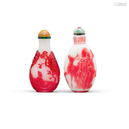 Late 19th century Two pink color overlay white glass 'figural' snuff bottles
