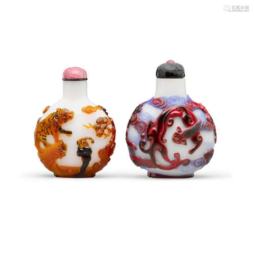 19th century Two overlay decorated milky-white glass snuff bottles