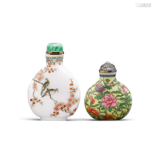 Qianlong marks Two enameled white glass snuff bottles