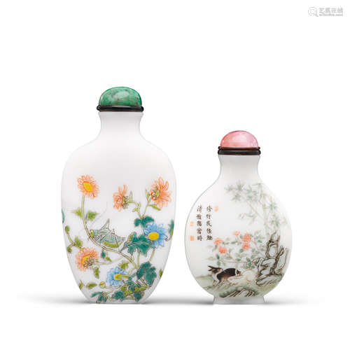 Two enameled white glass snuff bottles