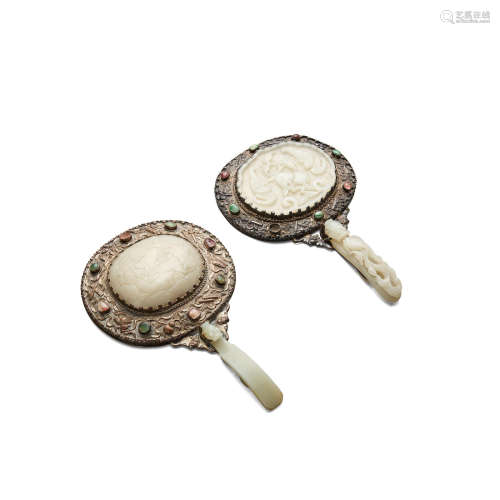The jades late Qing dynasty Two jade-mounted metal hand mirrors