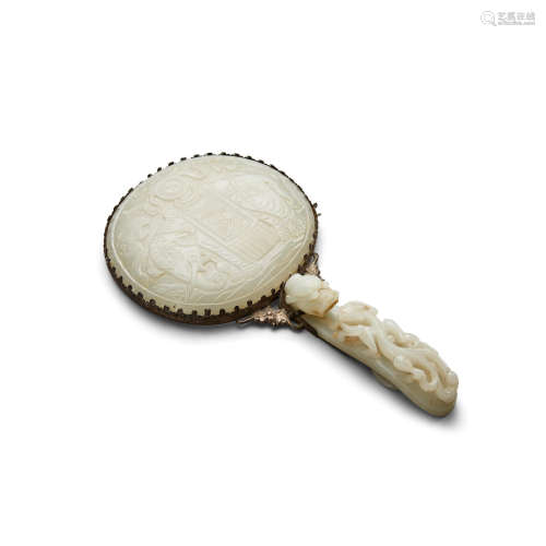 The jades late Qing dynasty A jade-mounted metal hand mirror