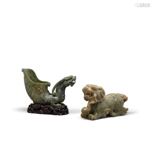 TWO GREEN JADE MYTHICAL BEAST CARVINGS