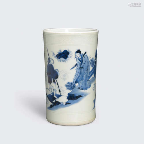 A blue and white porcelain brush pot