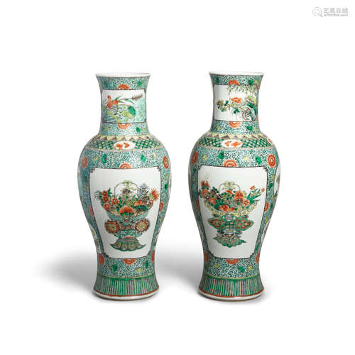 Late Qing/Republic period A pair of famille verte enameled baluster vases