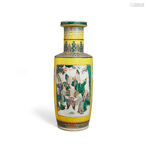 19th century A Yellow ground famille verte rouleau vase