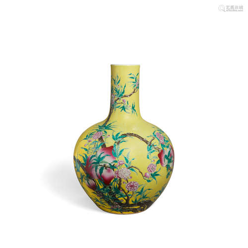 Late Qing/Republic period A yellow ground enameled nine-peach vase, tianshouping