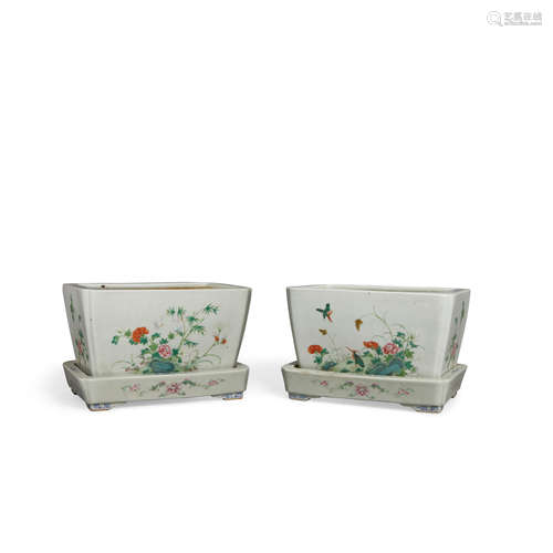 Republic period  A pair of famille rose planters and underdishes