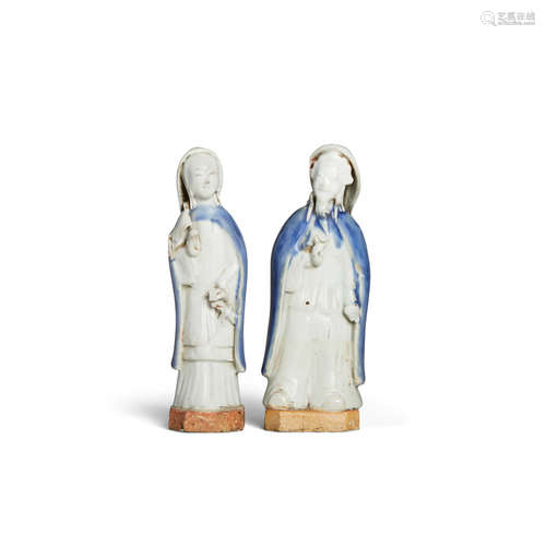 18th century Two white glazed figures with underglaze blue decoration