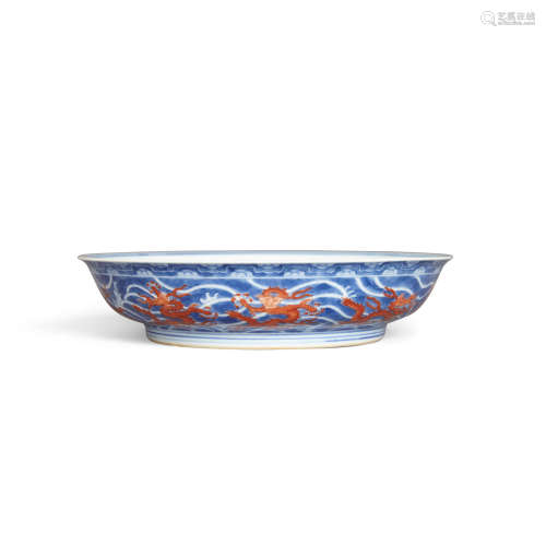 Qianlong mark An enameled blue and white dragon dish