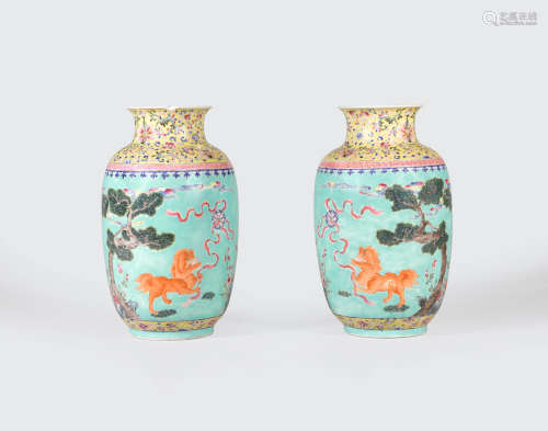 Jiaqing marks, late Qing/Republic period A pair of turquoise ground famille rose enameled vases