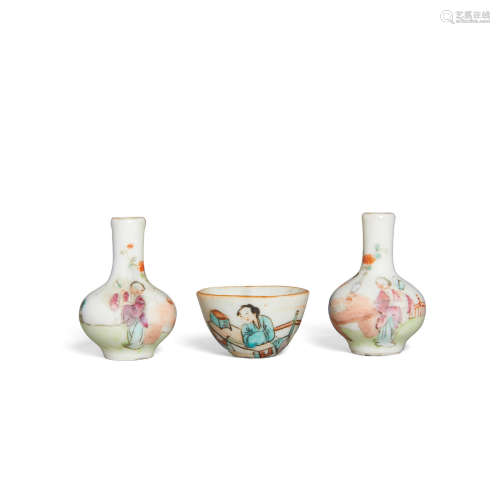 A group of three miniature famille rose enameled  containers
