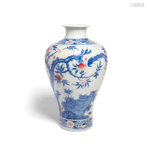 Yongzheng mark, Republic period An underglaze blue and polychrome enameled ovoid vase, meiping