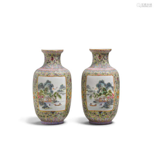 Qianlong marks, 20th century A pair of famille rose enameled  vases