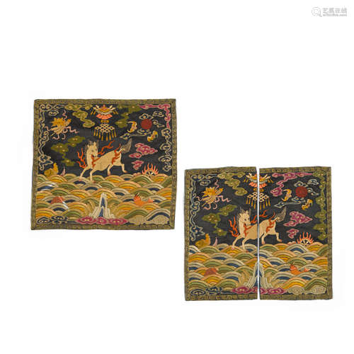 Late Qing/Republic period A pair of embroidered silk military official's rank badges, buzi