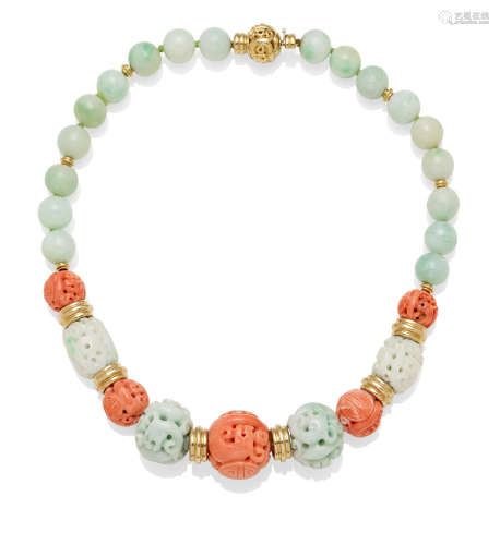 A jadeite and coral necklace