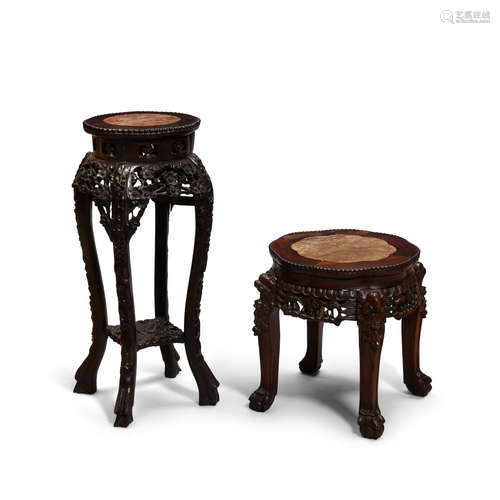 Late Qing/Republic period Two carved hardwood marble top tables