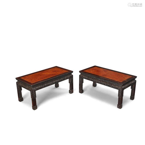 Late Qing/Republic period A pair of burlwood inlaid hongmu low tables