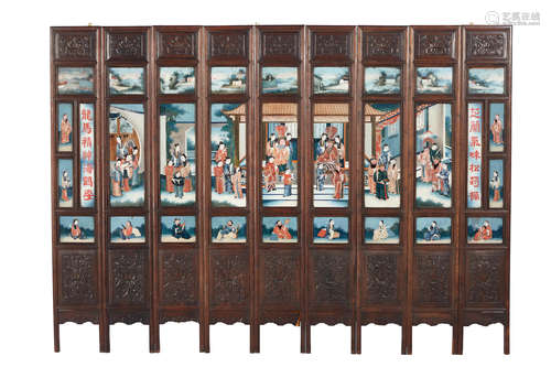 Late Qing dynasty A nine-panel reverse painted glass and wood folding screen