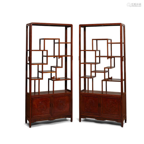 20th century A pair of open-shelf hardwood cabinets