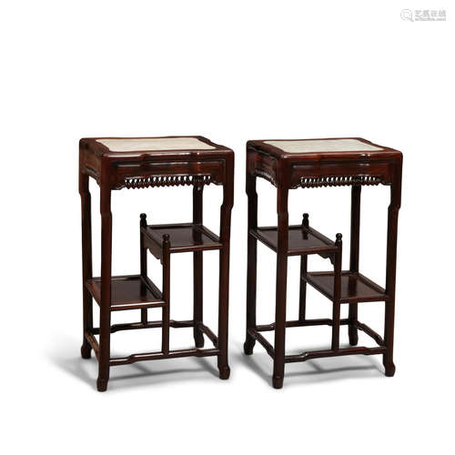 Late Qing/Republic period A pair of hardwood marble top side tables