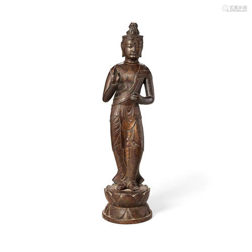 Showa era A cast metal standing Buddhist attendant figure