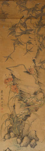 Peaches, Flowers, and Rocks  Zhang Naiqi (active 1803-1837)