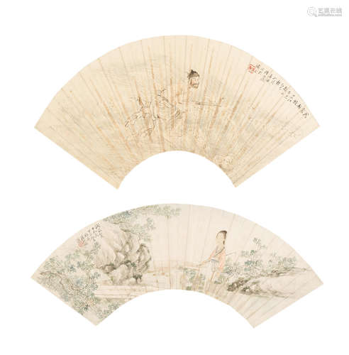 Two folding fan paintings of Figures Various Artists (19th/20th century)