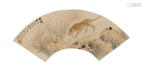 Two folding fan paintings of Animals and Figures Various Artists (19th/20th century)