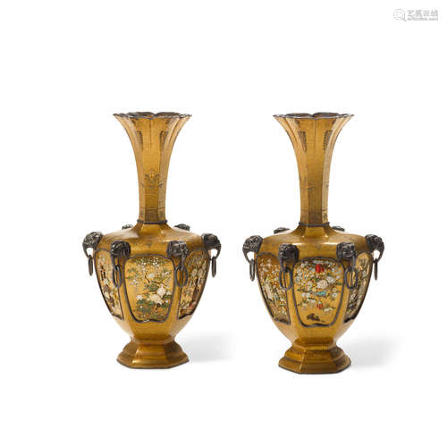 Meiji/Taisho era A pair of Shibayama lacquer vases with elaborate overlay decoration