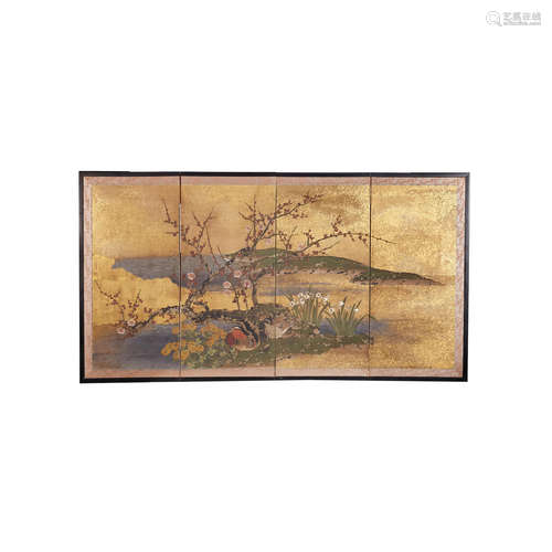 Taisho (1912-1926) era,  or Showa (1926-1989) era A four-panel screen of Mandarin Ducks