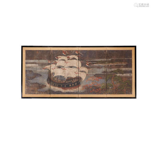 Meiji (1868-1912) or Taisho (1912-1926) era, early 20th century A four-panel screen of the Black Ship