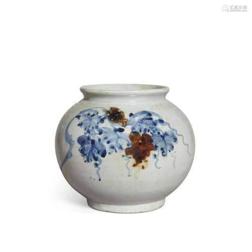 Late Joseon dynasty A underglaze blue and copper red decorated globular jar