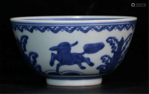 A CHINESE PORCELAIN BLUE AND WHITE HORSE BOWL