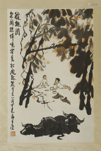 A CHINESE SCROLL PAINTING OF BOY AND OX